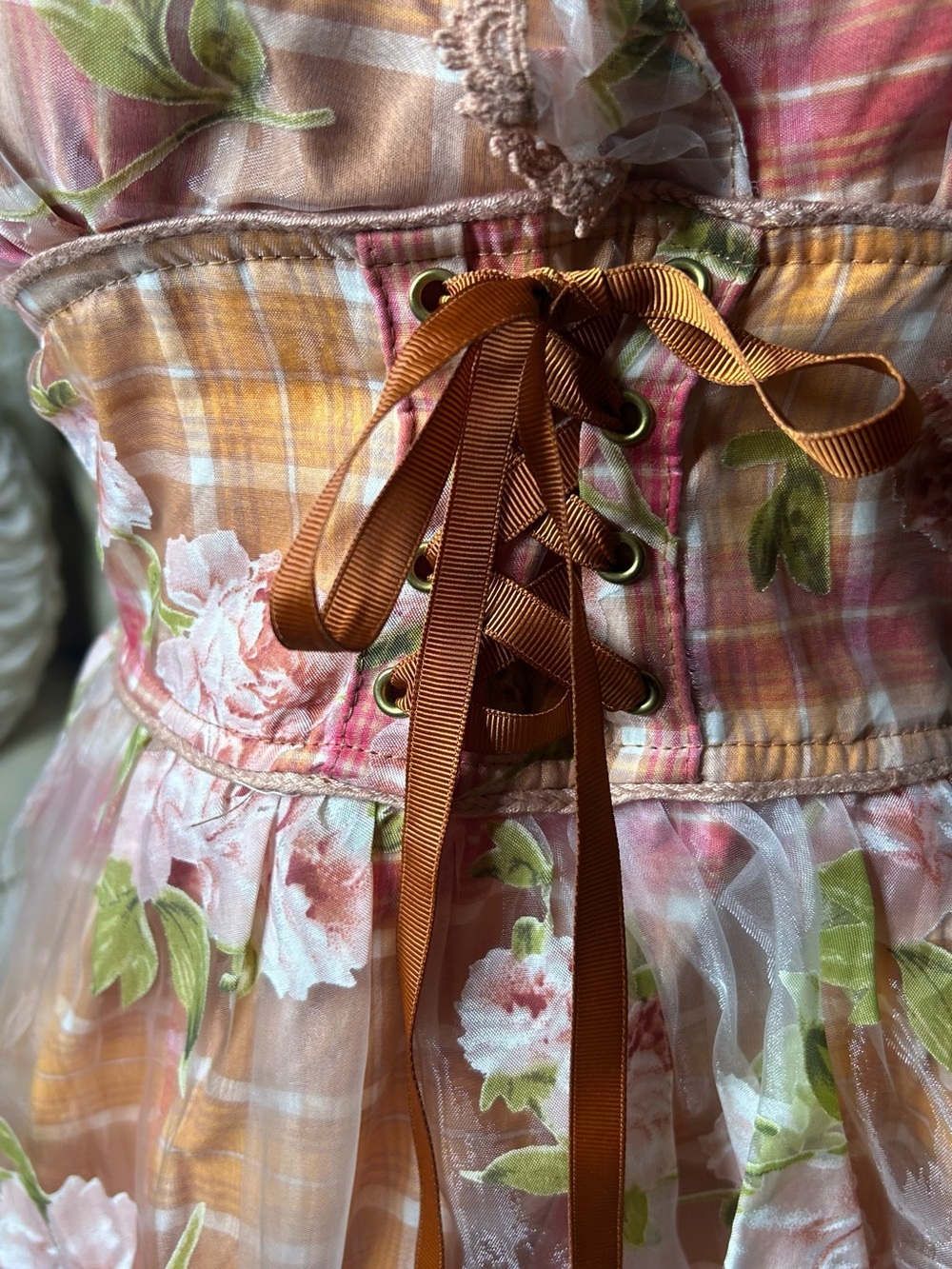 Authentic Vintage Liz Lisa Plaid Rose Corset Dress Japanese Doll style Coquette - Picture 5 of 14